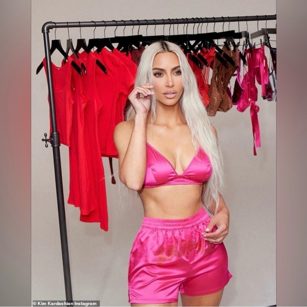 SKIMS Woven Shine Rhinestone Logo BOXERS & BRA in Raspberry